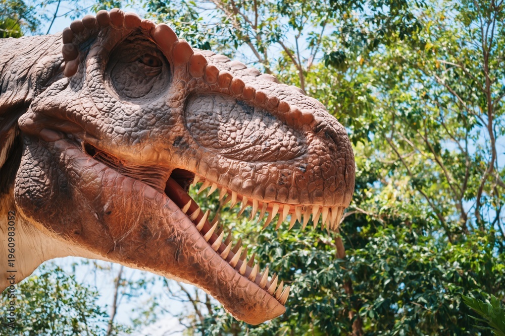 Naklejka premium Tyrannosaurus dinosaur head closeup open jaws teeth in sunlit forest with detailed scales textured snout and lifelike reptile features