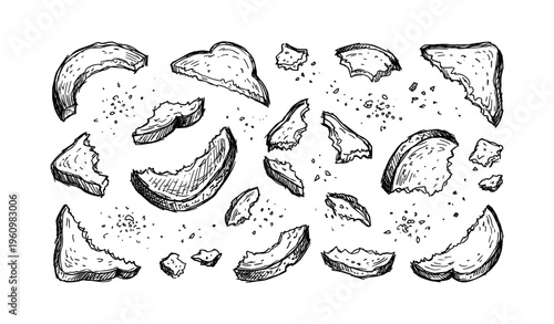 Hand-drawn bread crumbs and slices illustration on white background