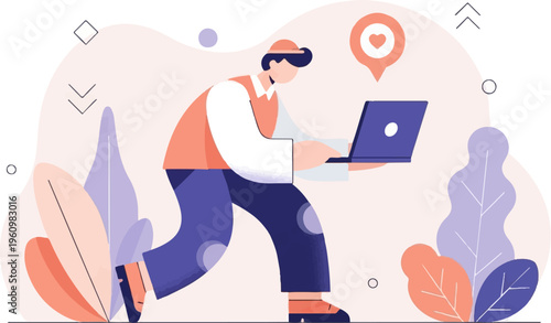 Person with laptop and heart symbol, surrounded by abstract plants