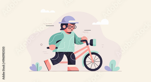 Animated character with helmet rides a bicycle with a smile