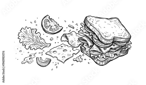 Hand-drawn sandwich explosion: lettuce, tomato, cheese, onion, and bread in black and white