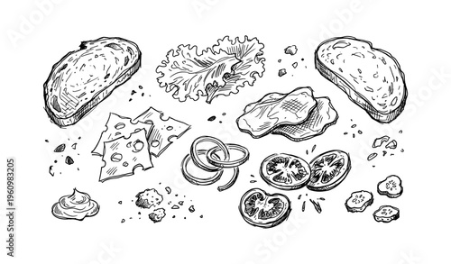 Hand-drawn sandwich ingredients: bread, cheese, lettuce, tomato, onion