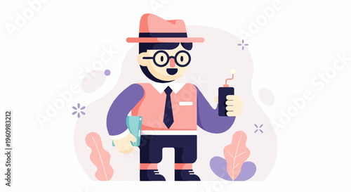 A cartoon man with a hat, glasses, and a tie holds a book and a fuse