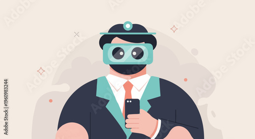 Business professional in virtual reality headset holds smartphone, surrounded by abstract shapes