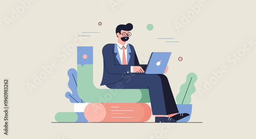 Businessman in a suit works on a laptop, seated on abstract shapes and plants