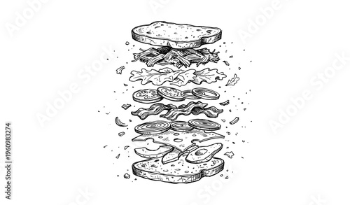 Detailed exploded view of classic sandwich ingredients with vegetables and cheese