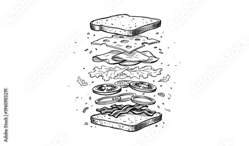 Illustrated exploded sandwich with layers of bread, cheese, bacon, vegetables, and onions