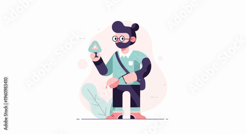 A stylized man with a beard and glasses holds a triangular object