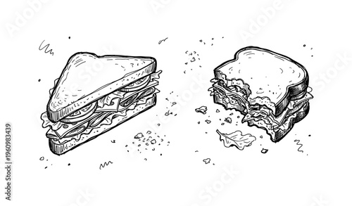 Hand-drawn sandwiches with lettuce and tomato