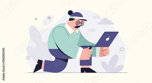 A cartoon man with glasses and mustache kneeling with laptop
