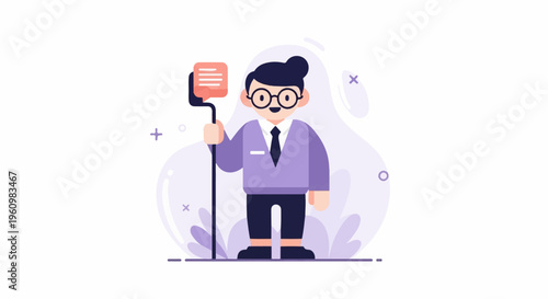 Cartoon man in suit holding a microphone with a speech bubble overhead