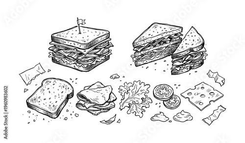 Hand-drawn sandwich sketch with ingredients: bread, lettuce, tomatoes, cheese, meat