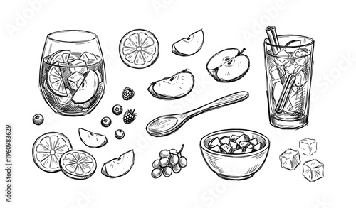 Hand-drawn fruit cocktails with citrus slices and ice cubes