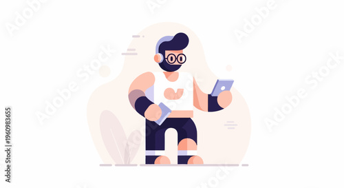 Bearded man in headphones holds phone and book, active lifestyle illustration