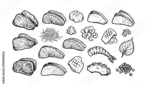 Hand-drawn sushi illustrations with assorted seafood and ingredients
