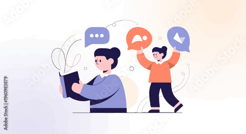 Two people interact with speech bubbles, one reading from a book