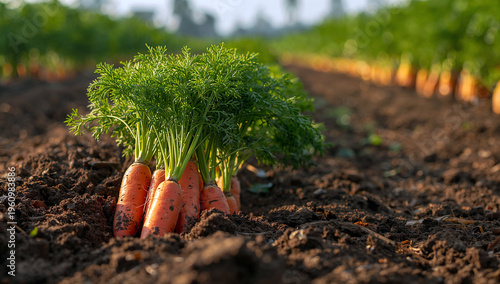 Freshly harvested bright orange carrots with vibrant green tops emerging from rich dark brown soil in a field rows