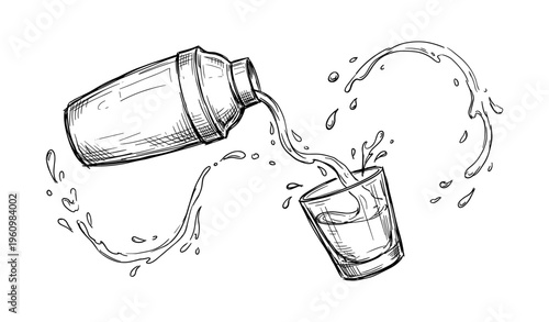 Hand-drawn cocktail shaker pouring drink into glass with splashing liquid