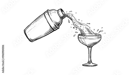 Illustrated cocktail shaker pouring drink into glass with splashing liquid