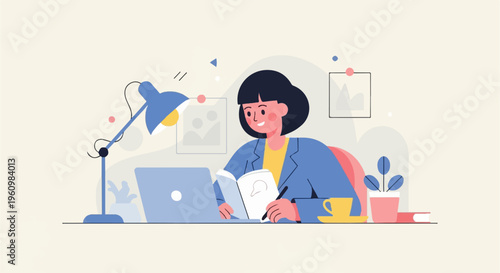 A person studies at a desk with a lamp, laptop, and plant