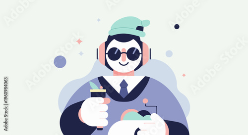 Cartoon character wearing headphones and holding a plant sprig and a bowl