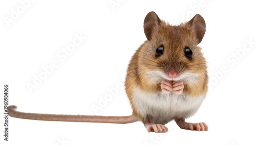 Quadro su tela Isolated cute little field mouse with big dark eyes standing on hind legs, adora