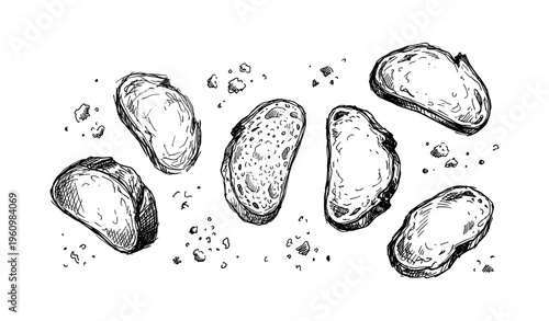 Hand-drawn slices of bread with crumbs in sketch style on white background
