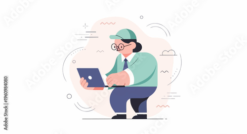 A stylized person wearing glasses and a cap, working on a laptop