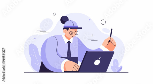 Cartoon person wearing cap and glasses works on laptop with stylus