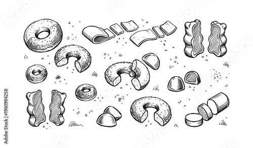 Hand-drawn sketch of assorted donuts and pastries in black and white