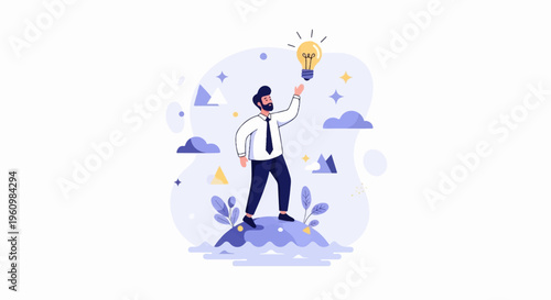 Businessman reaching for a bright idea bulb above him on an island