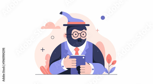 Cartoon wizard in suit holding a tablet surrounded by abstract shapes