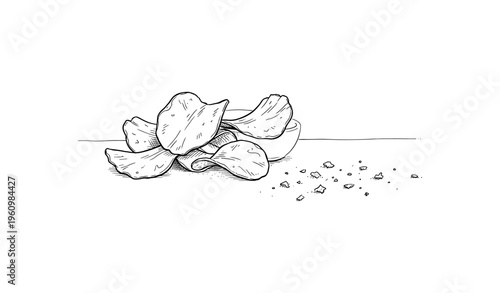 Hand-drawn potato chips in bowl with crumbs on white background