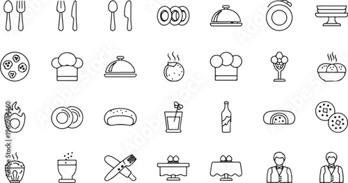 flat lay collection of kitchen and cooking utensils icons in black and white minimalist design