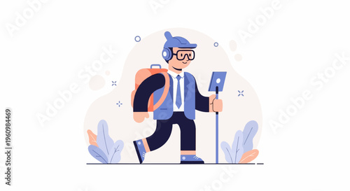 Cartoon person with backpack, headphones, and selfie stick walks