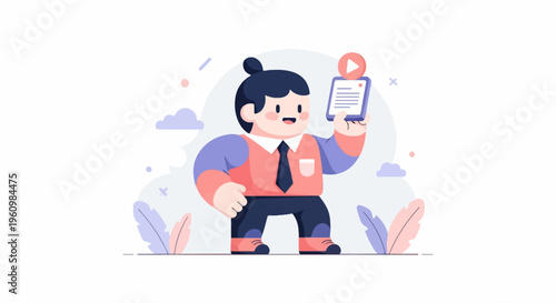 Cheerful character holding tablet with play button, abstract shapes, clouds