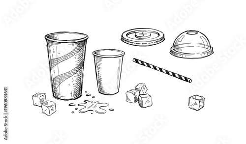 Hand-drawn beverage cups with lids, straw, and ice cubes