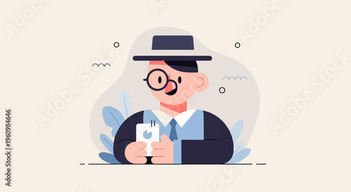 Flat graphic of a man in a hat, glasses, and suit holding a phone