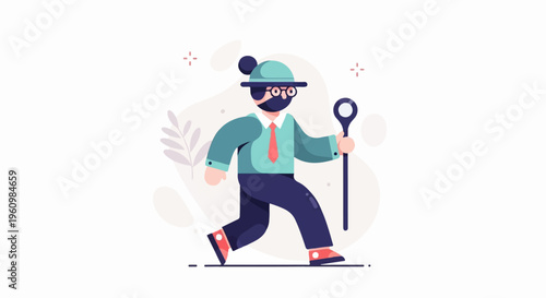 Flat character in hat, glasses, and tie walking with cane