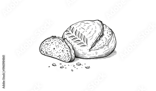 Hand-drawn rustic bread loaf with sliced piece and crumbs on white background