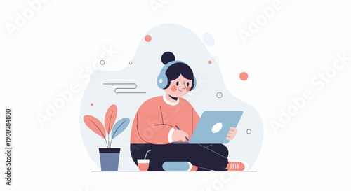 Cheerful person with headphones working on laptop, surrounded by abstract shapes and plant