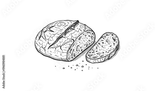 Hand-drawn loaf of artisan bread with sliced piece and crumbs in black and white sketch style
