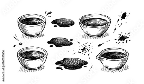 Hand-drawn coffee cups and spills collection with sketch style art