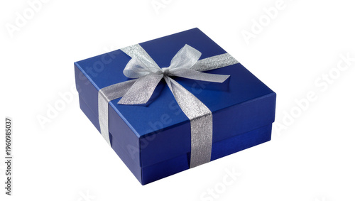 Fototapeta kuchenna Isolated vibrant blue present box with sparkling silver ribbon and tied bow.