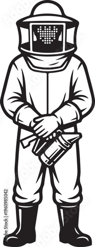 Beekeeper in protective suit with smoker tool, black and white illustration for apiary and honey production