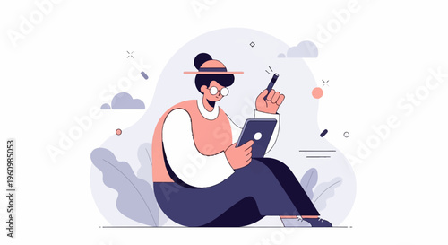 Flat illustration of a woman using a tablet and stylus outdoors