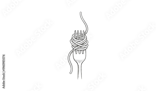 Fork with wrapped pasta sketch on white background