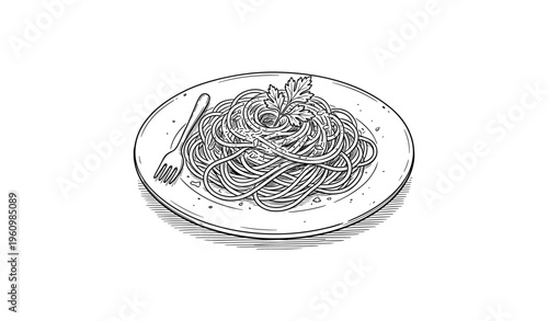 Black and white drawing of spaghetti pasta on plate with fork and parsley