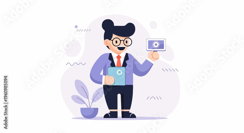 Cheerful person with tech gadgets and plant