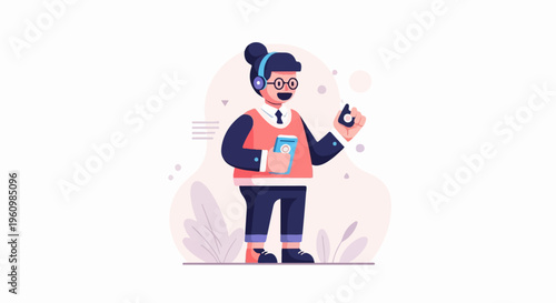 Friendly person wearing headphones, holding a phone and pointing